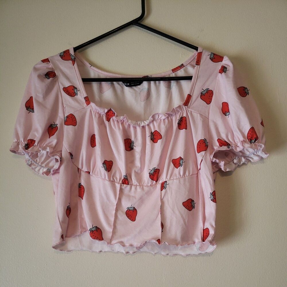 SHEIN Strawberry Themed Pink Crop Top with Lettuce Trim Womens Size XL